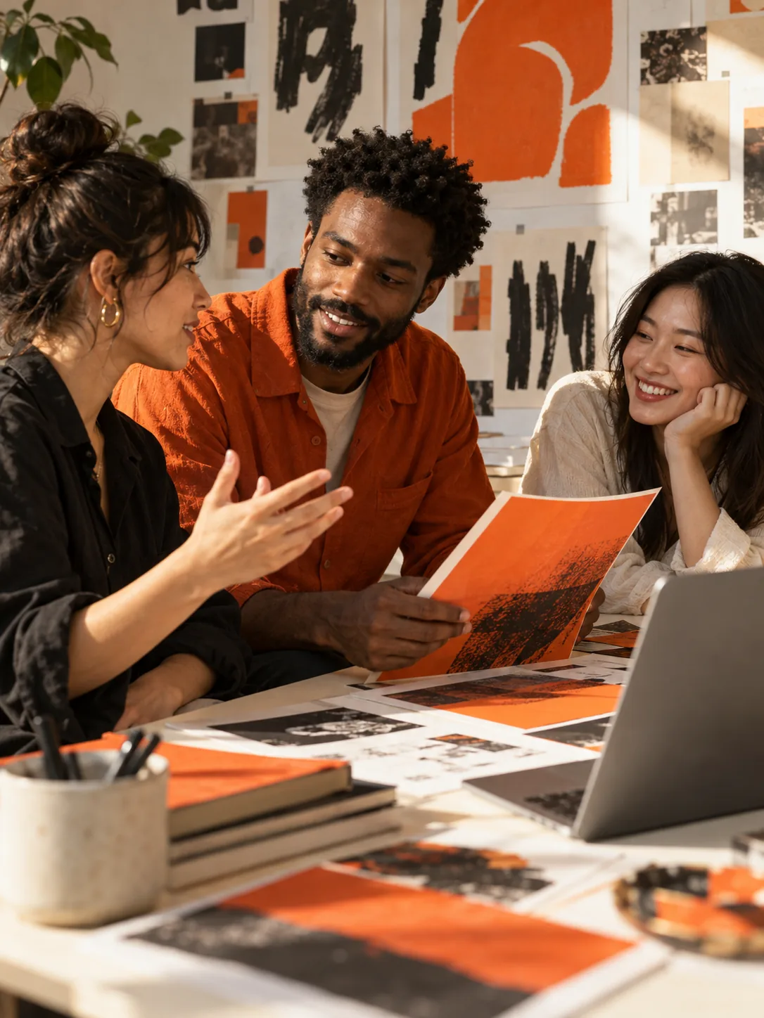 Creative professionals discussing print proofs together in a warm studio