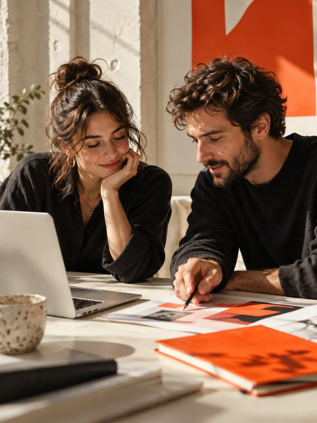 Two professionals discussing a project together over a laptop and sketchbook