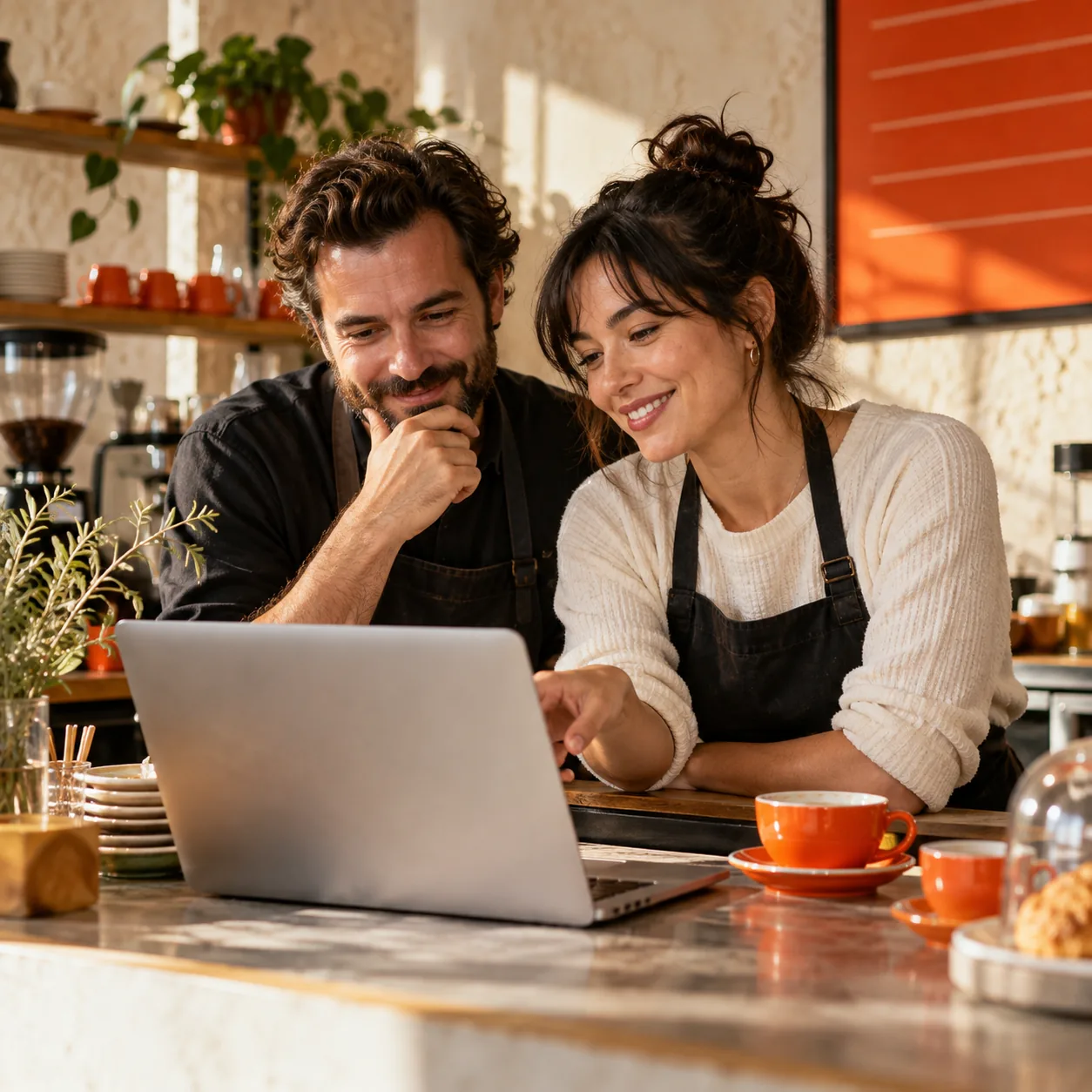 A cafe owner reviewing business details with a colleague at a laptop