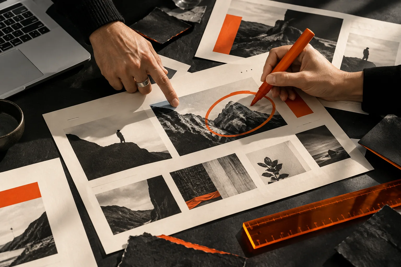 Hands reviewing print proofs beside a laptop and orange ruler