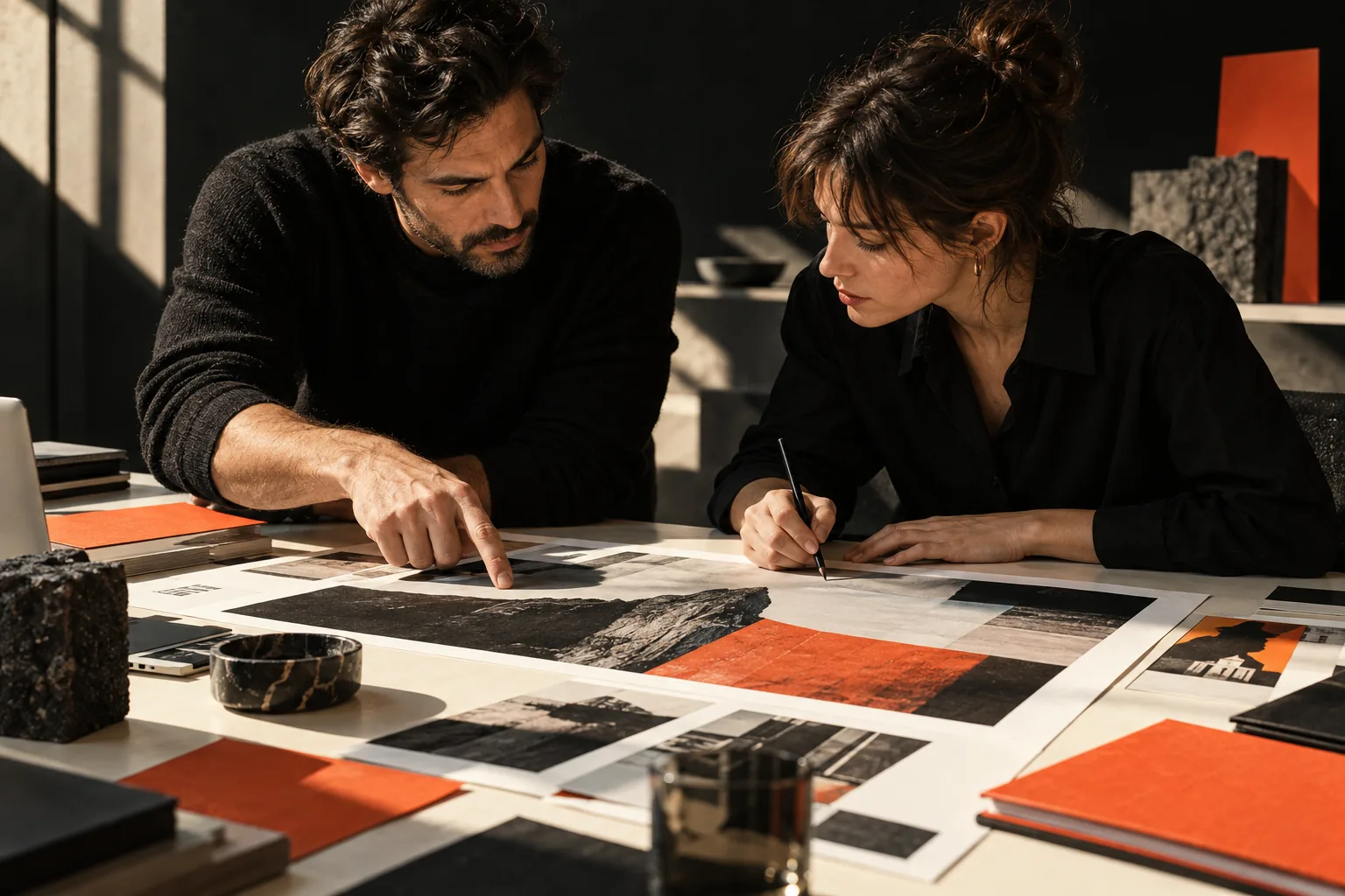 Professionals closely reviewing a portfolio together