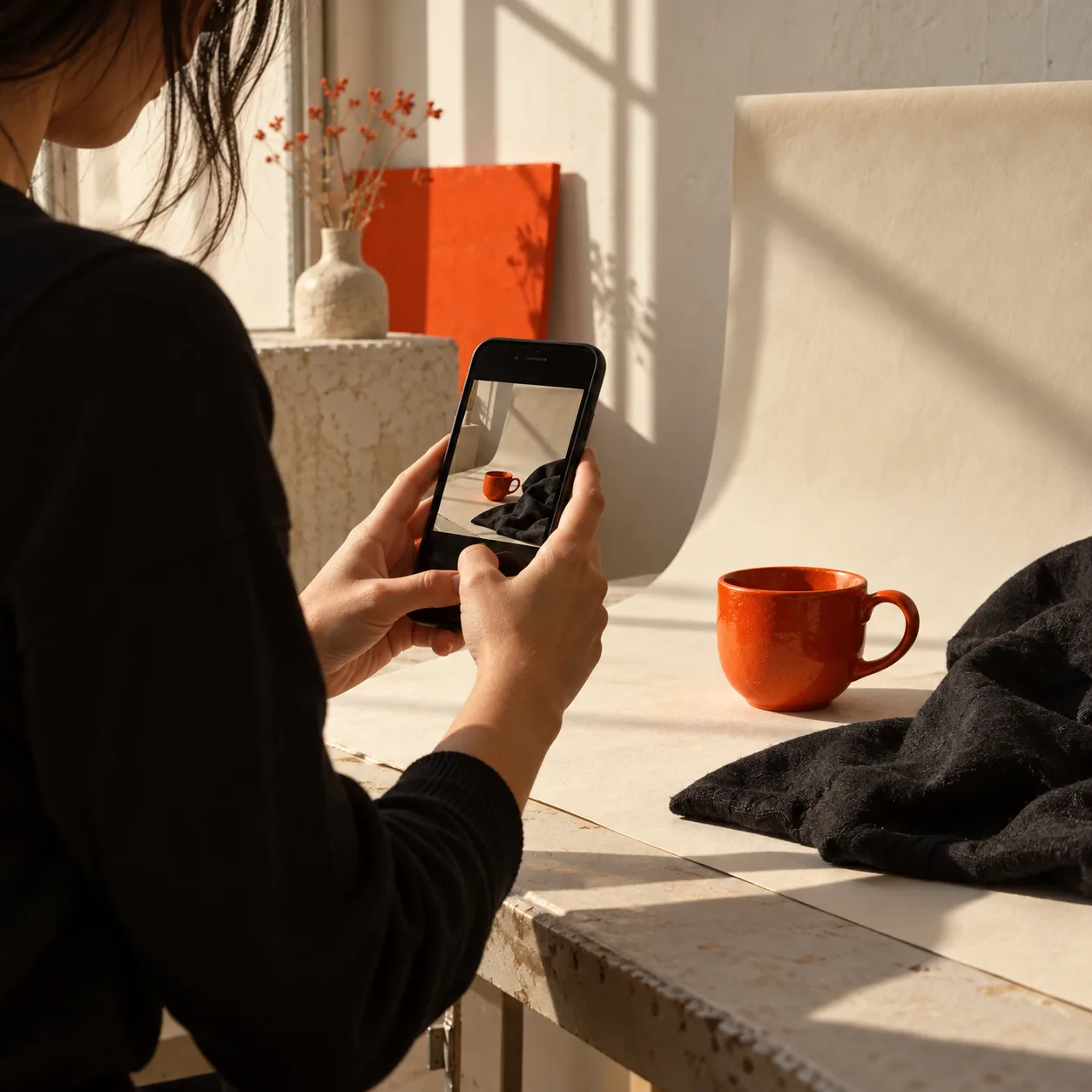A content creator photographing an orange and cream still life with a smartphone