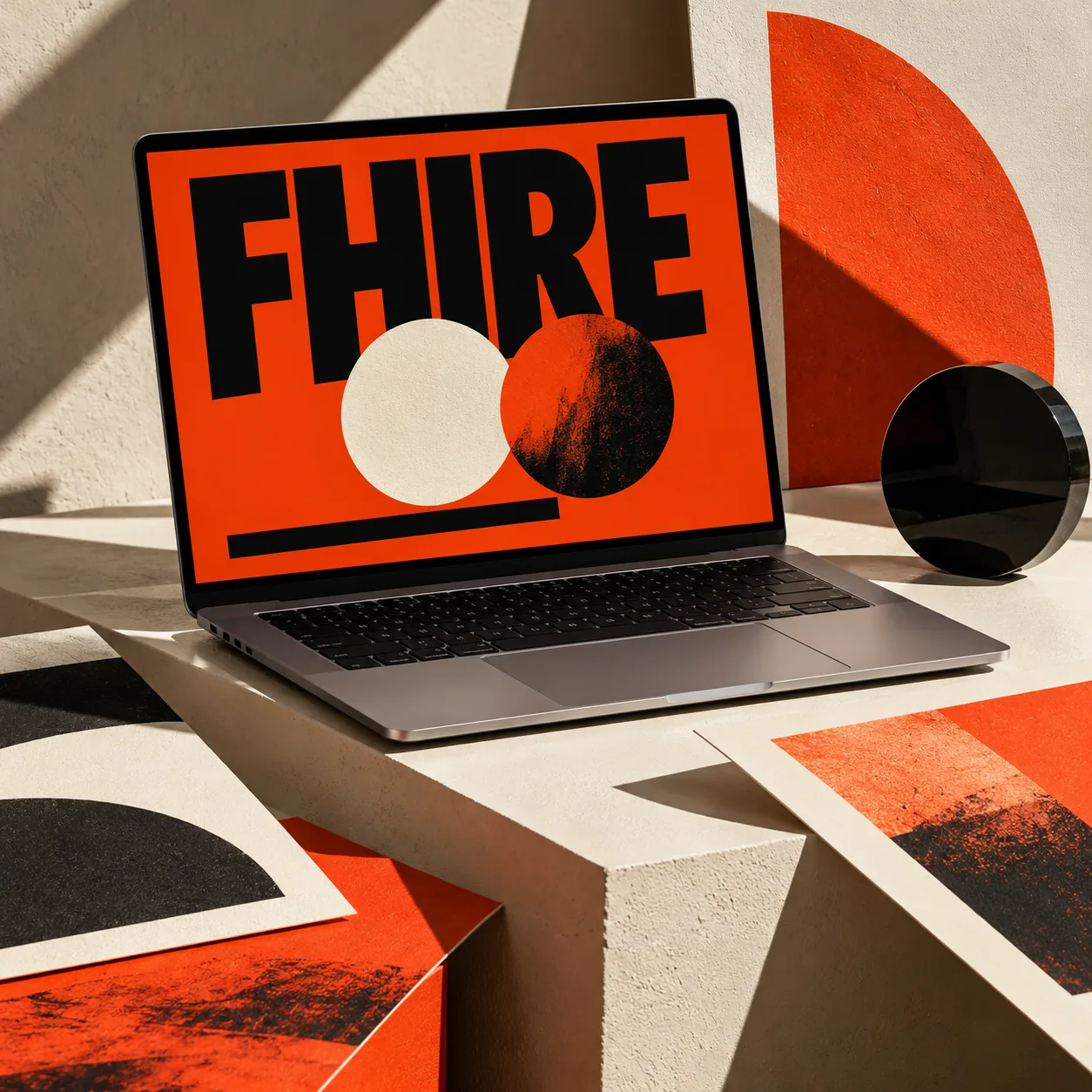 FHIRE website concept on a laptop surrounded by sculptural orange and cream print proofs