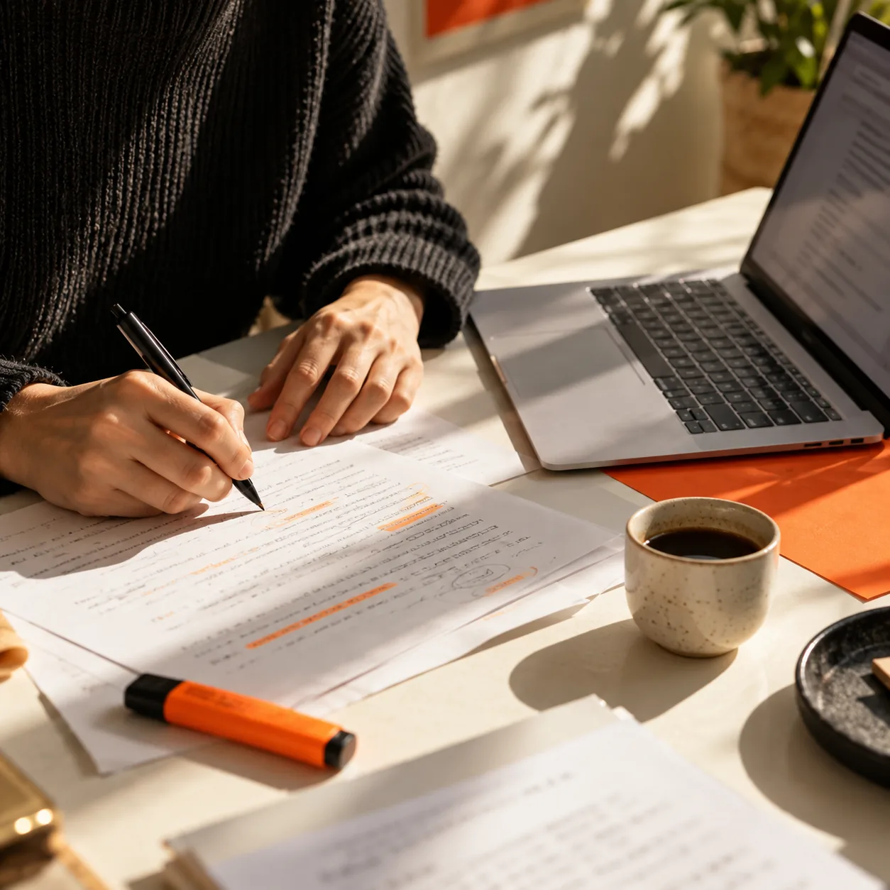 A writer making notes beside a laptop, paper drafts and an orange highlighter